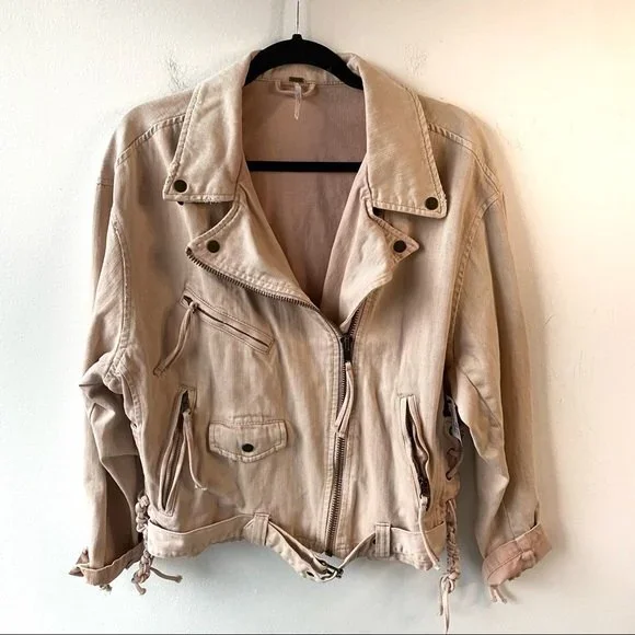 free people pink denim zip up moto jacket size s small - Picture 2 of 9